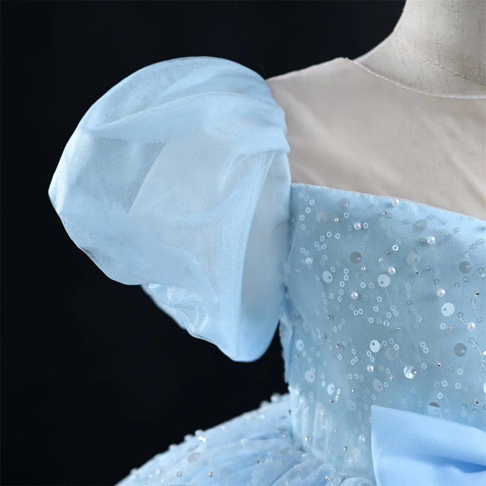 OM065 Yoliyolei V-neck Wedding Princess Dress Girl Sequins Satin Bow Tulle Ruffles Baby Girl Dress With Puff Sleeves For Children