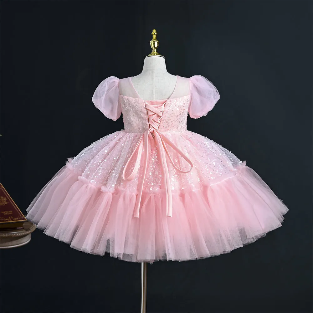 OM065 Yoliyolei V-neck Wedding Princess Dress Girl Sequins Satin Bow Tulle Ruffles Baby Girl Dress With Puff Sleeves For Children