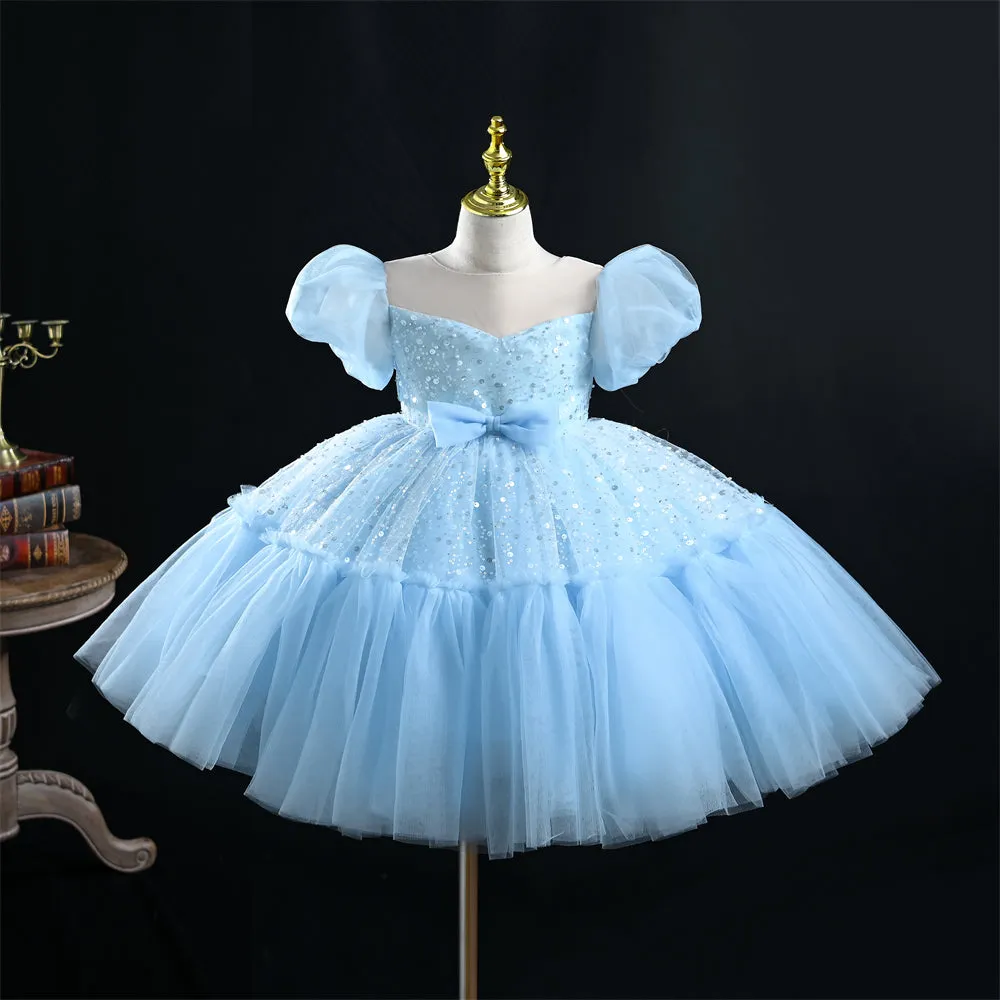 OM065 Yoliyolei V-neck Wedding Princess Dress Girl Sequins Satin Bow Tulle Ruffles Baby Girl Dress With Puff Sleeves For Children