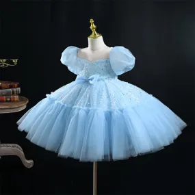 OM065 Yoliyolei V-neck Wedding Princess Dress Girl Sequins Satin Bow Tulle Ruffles Baby Girl Dress With Puff Sleeves For Children