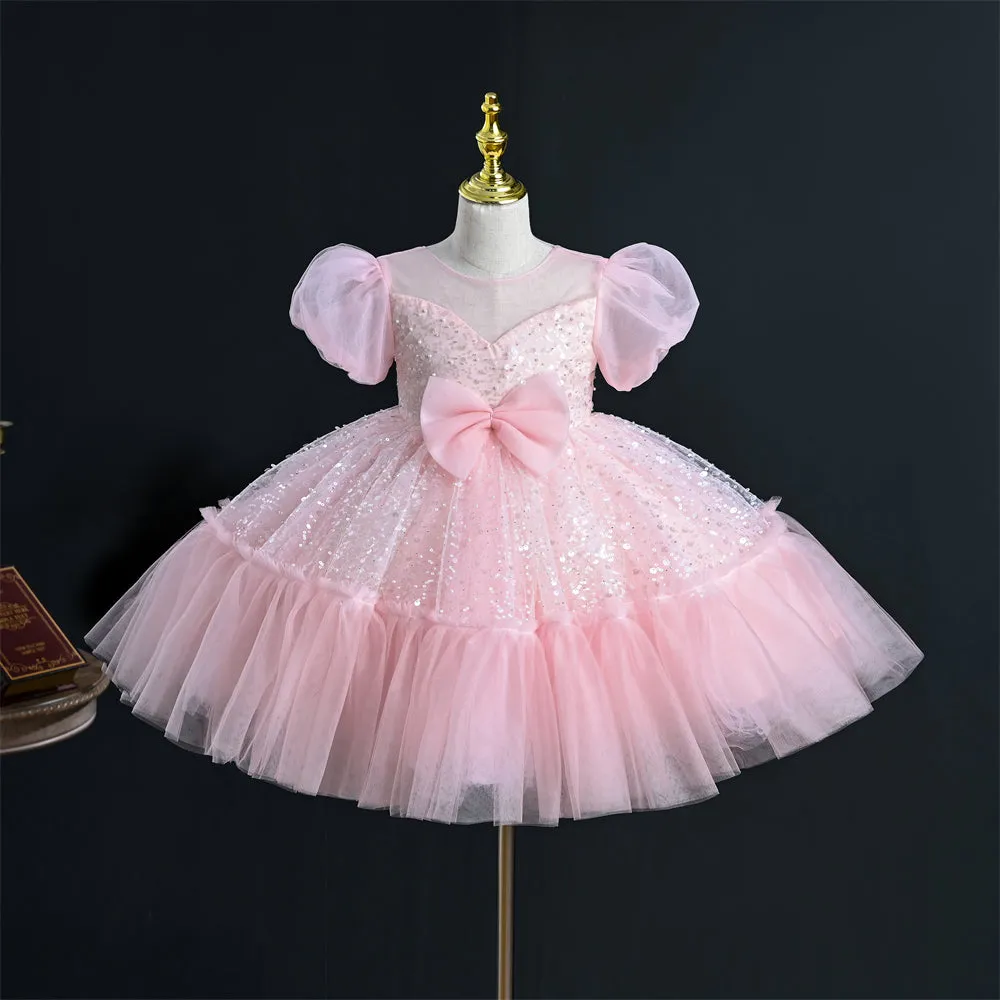 OM065 Yoliyolei V-neck Wedding Princess Dress Girl Sequins Satin Bow Tulle Ruffles Baby Girl Dress With Puff Sleeves For Children