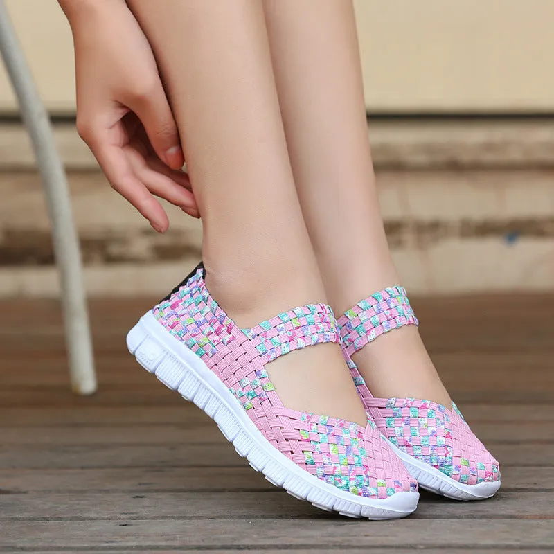 Owlkay Breathable Elastic Band Woven Light Flat Shoes