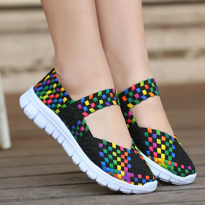 Owlkay Breathable Elastic Band Woven Light Flat Shoes