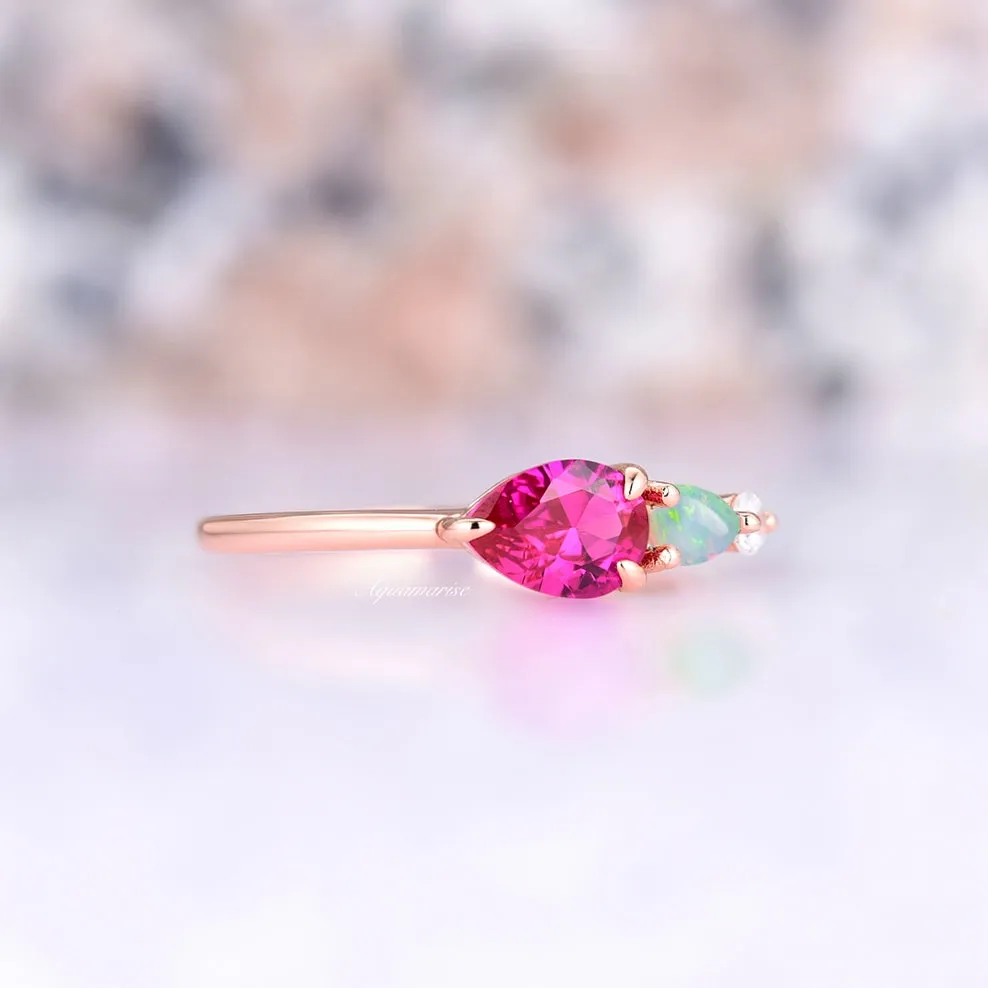 Pear Cut Ruby & Australian Opal Ring- 14K Rose gold Vermeil