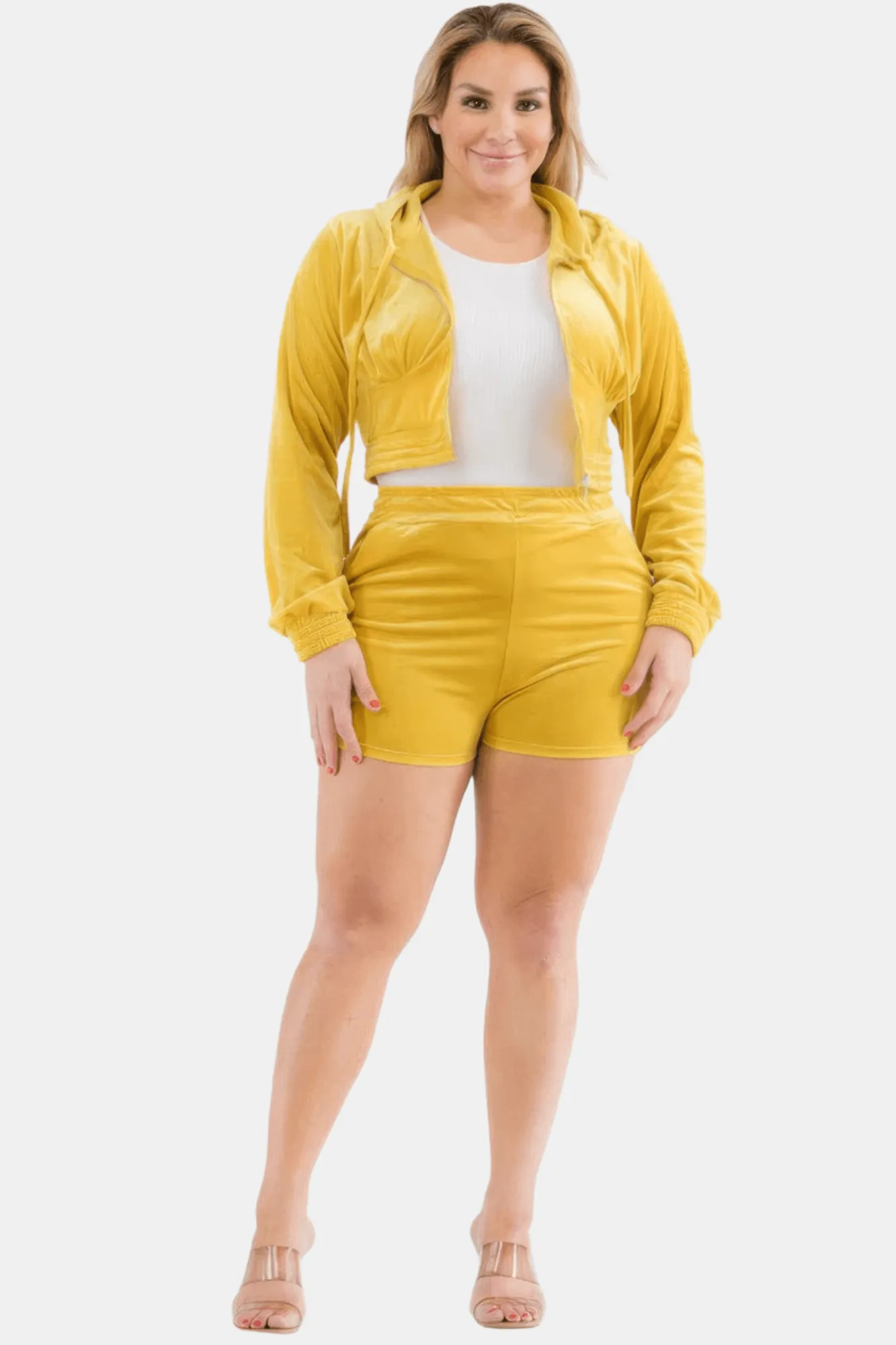 Plus Size Velour Crop Zip Up Hoodie And Shorts Set