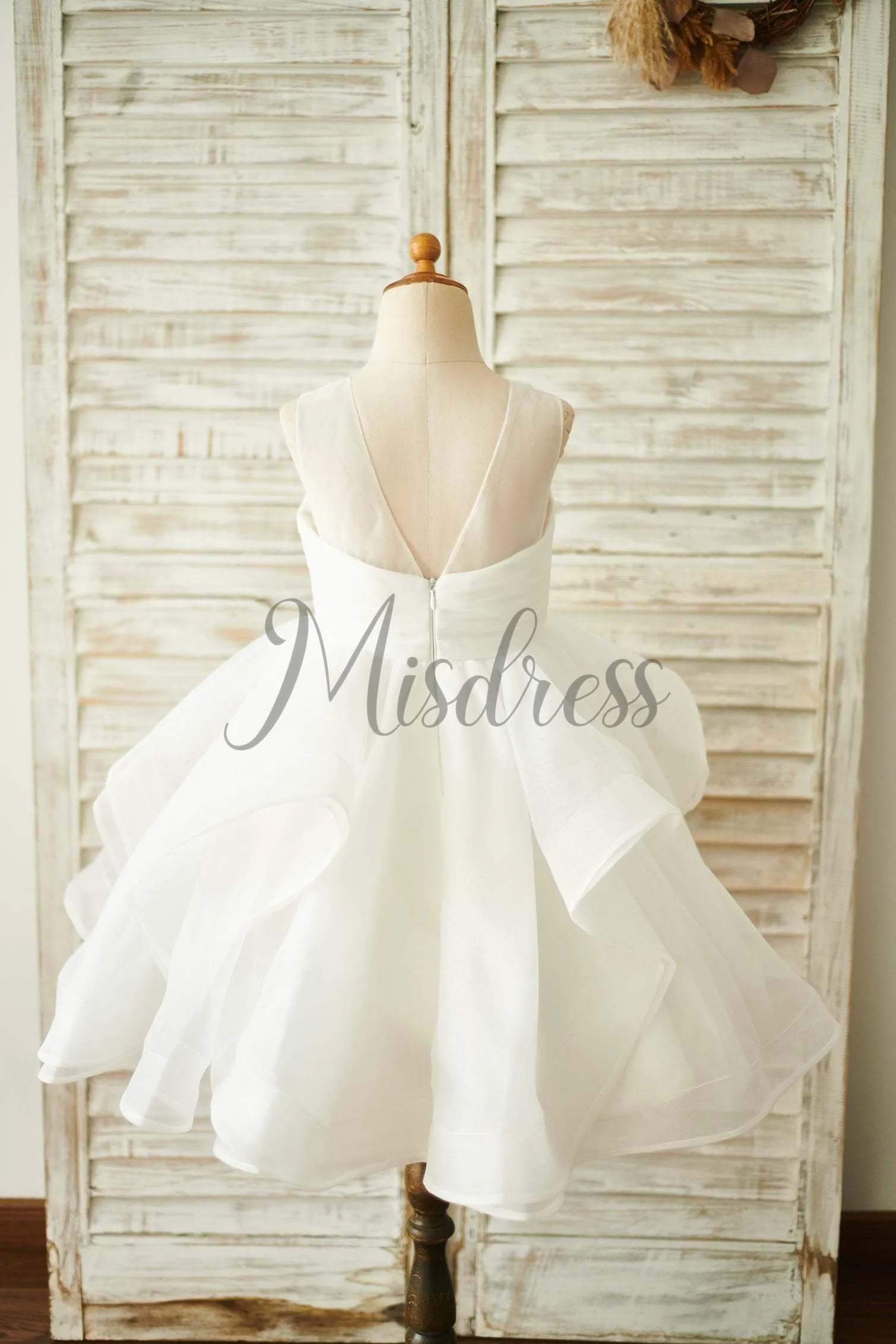 Princess Ivory Organza V Back Bustle Sheer Neck Wedding Flower Girl Dress