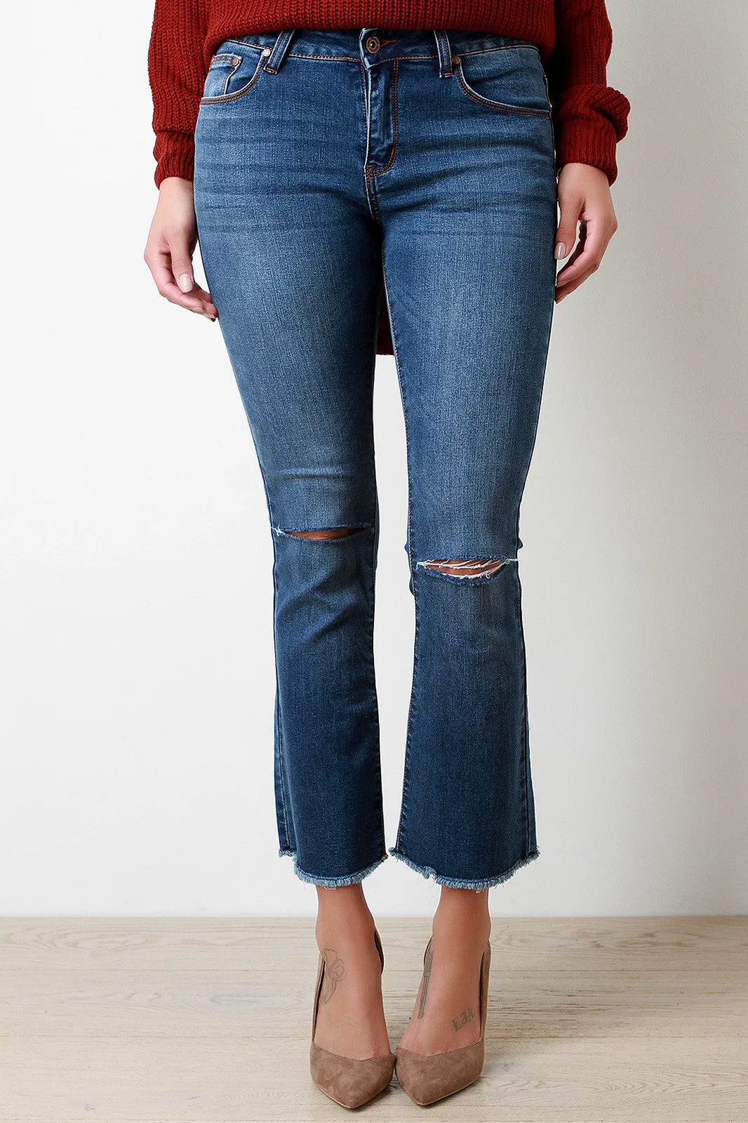 Razor Cut Knee Frayed Hem Bell Bottom Jeans