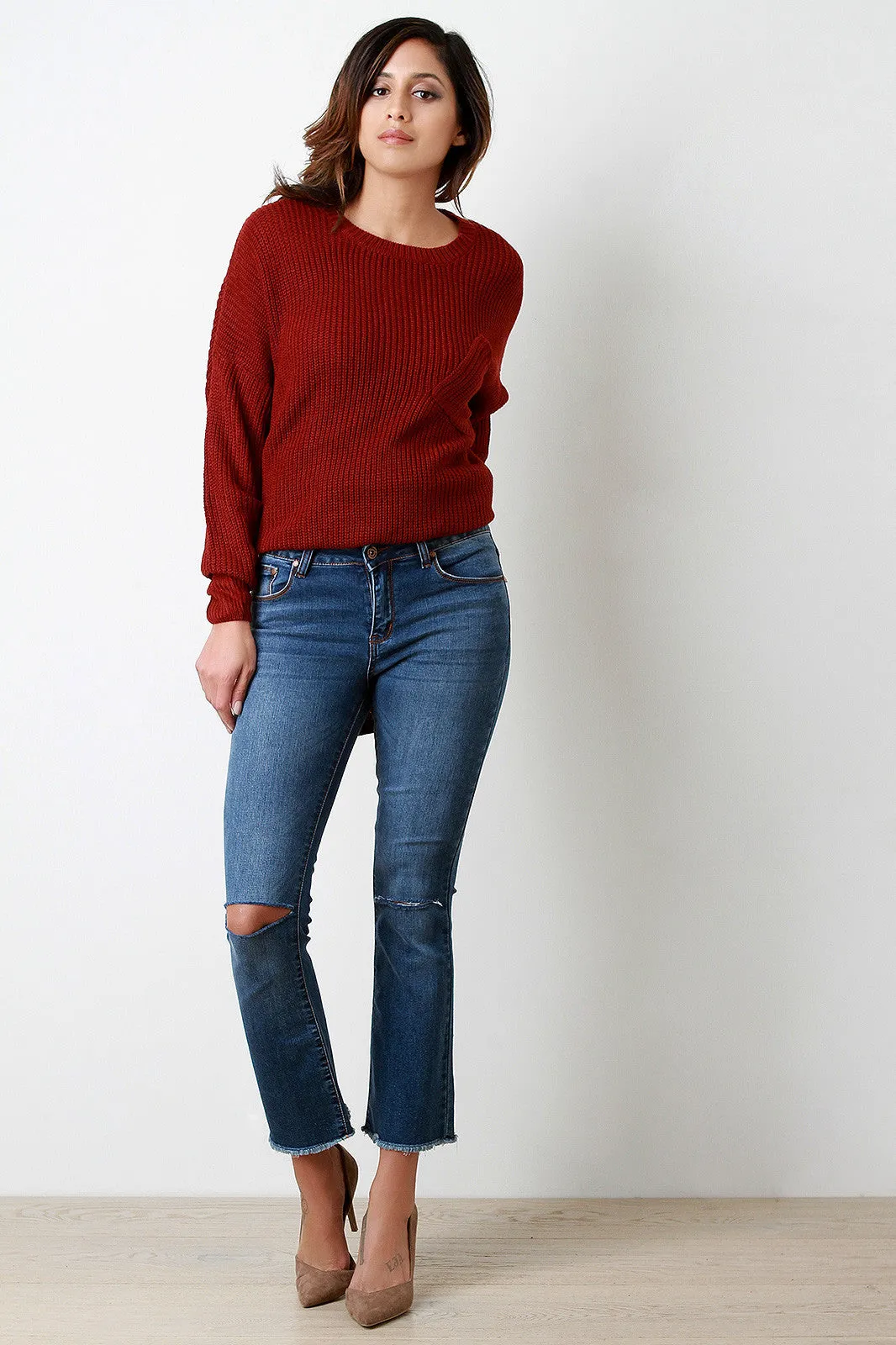 Razor Cut Knee Frayed Hem Bell Bottom Jeans