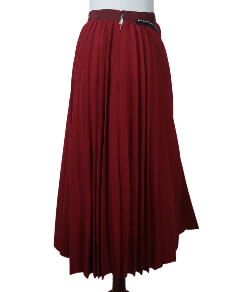 Sacai Red Pleated Wool Skirt w/ Zipper Trim sz 2