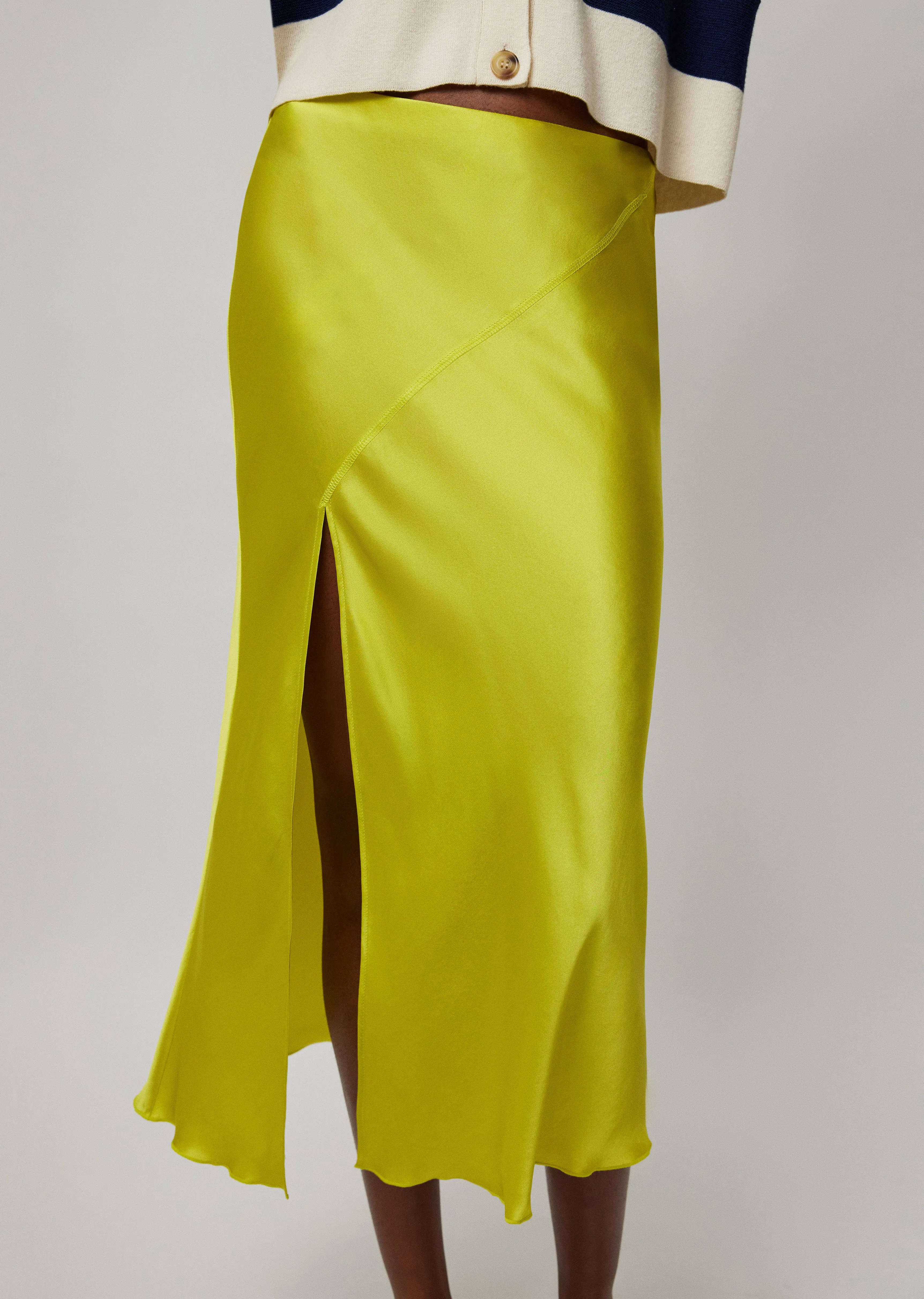 Silk Charmeuse Slit Detail Midi Skirt - Chartreuse Yellow