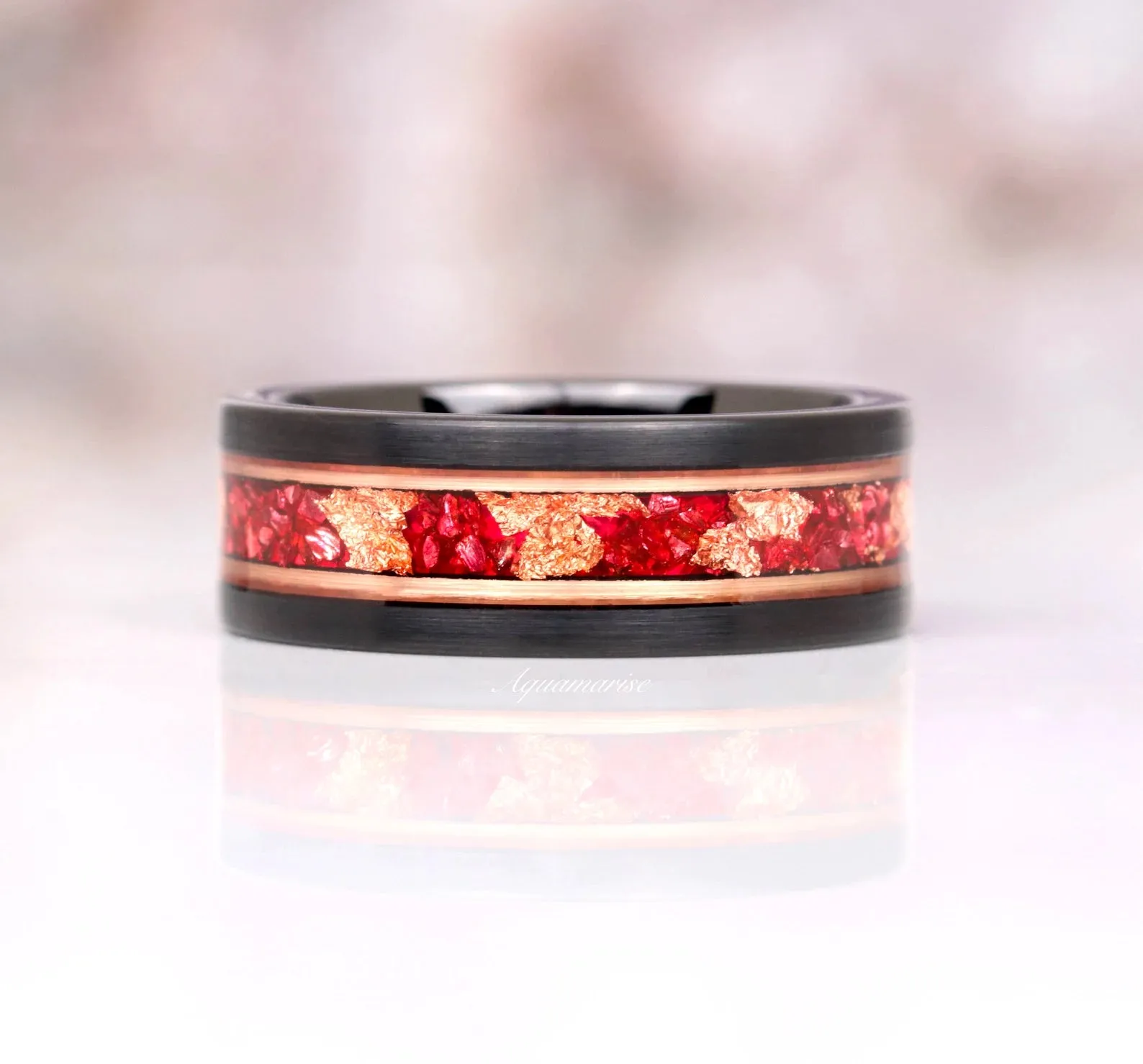 Skye Ruby & Rose Gold Leaf Couples Ring