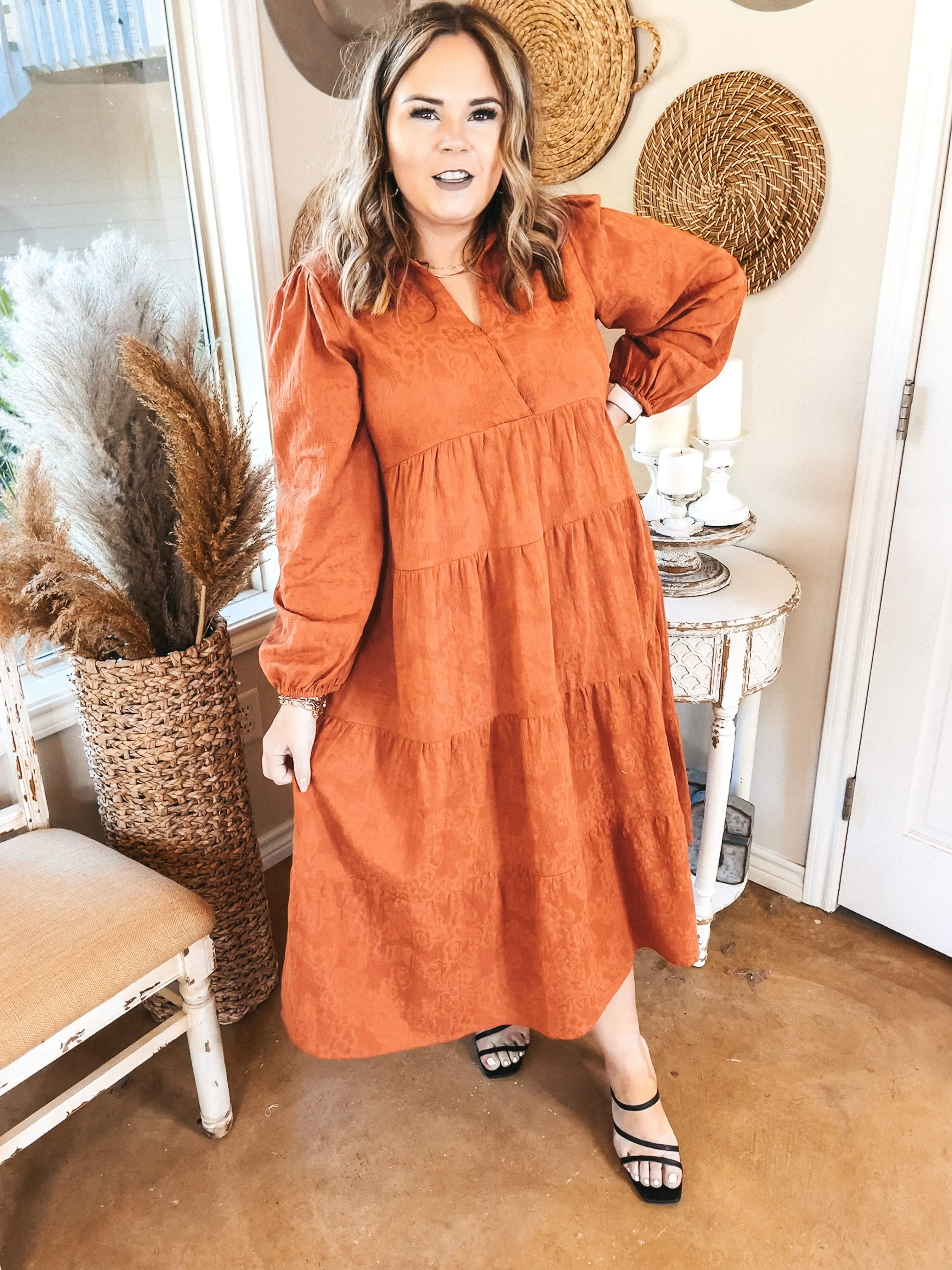 Sweet Glances Long Sleeve Tiered Midi Dress in Rust Orange