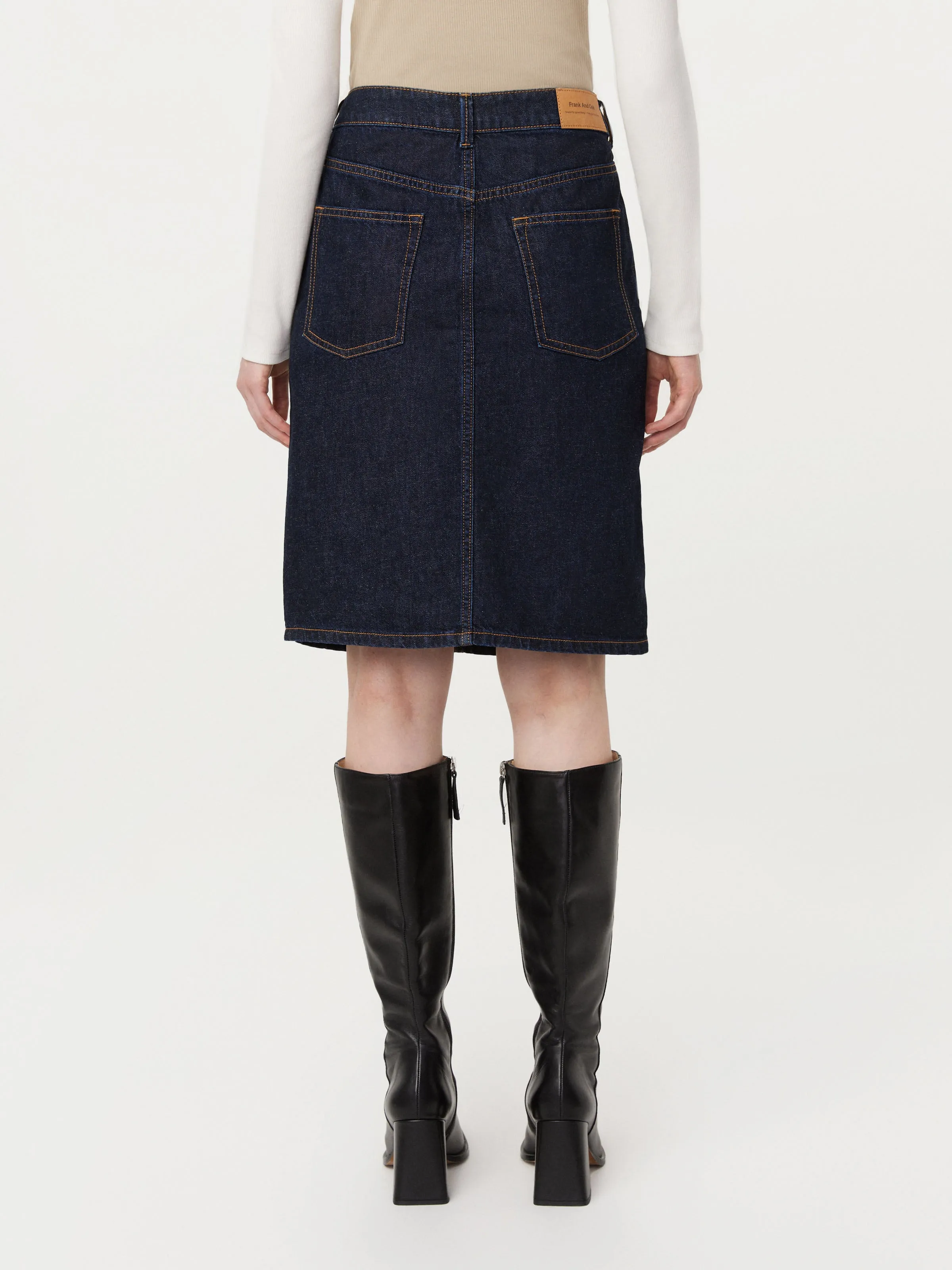 The Denim Midi Skirt in Dark Wash