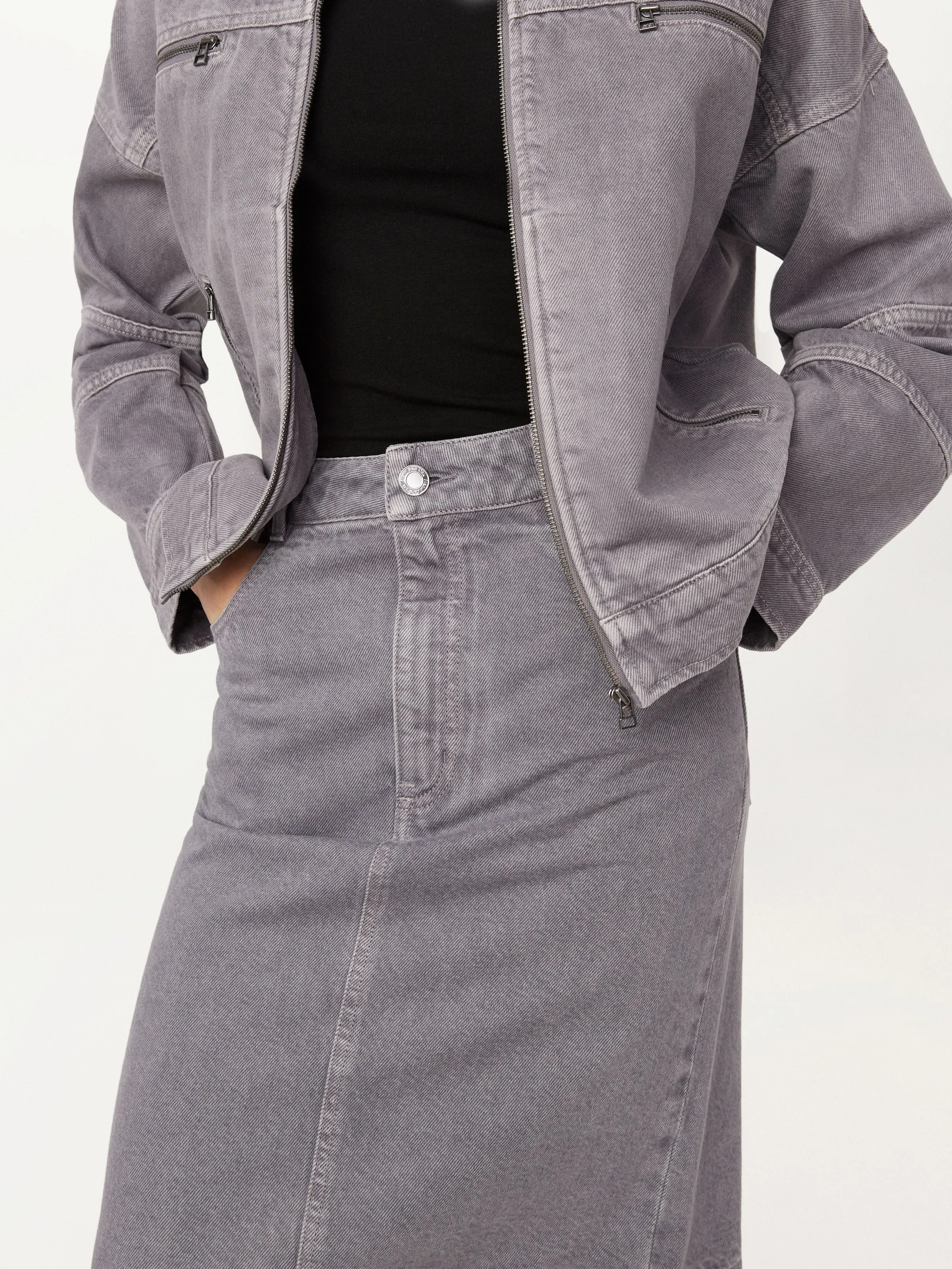 The Denim Midi Skirt in Light Grey