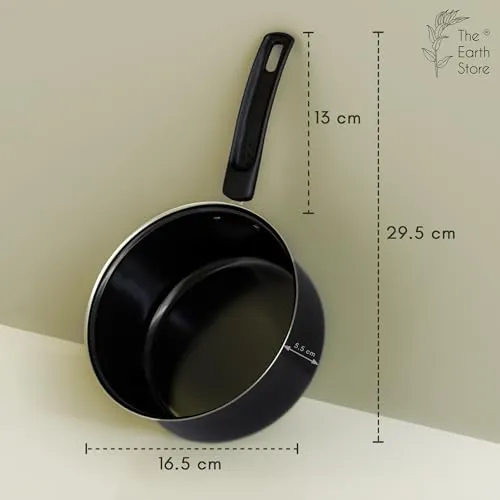 The Earth Store EcoLuxe Small Saucepan for Tea Milk and Chai Pan Induction Base and Gas Stove T Pan (patila)|Tea/Milk Boiling Pot Vessel | Mini Sospan with Bakelite Handle 950 ML Capacity 16cm, Black