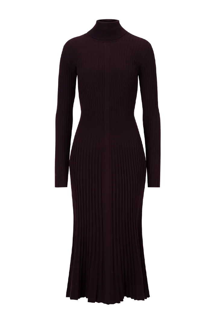 Turtleneck Pleated Wool Midi Dress | Garnet