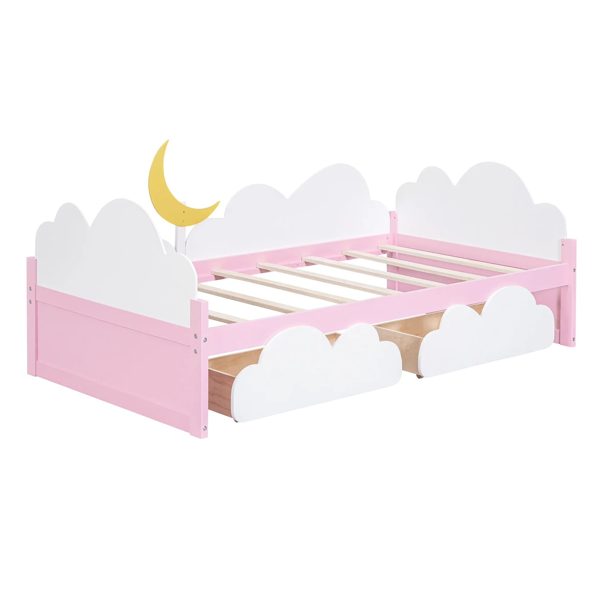 Twin Size Bed with Moon Decor, Platform Bed with 2 Drawers (White Pink)