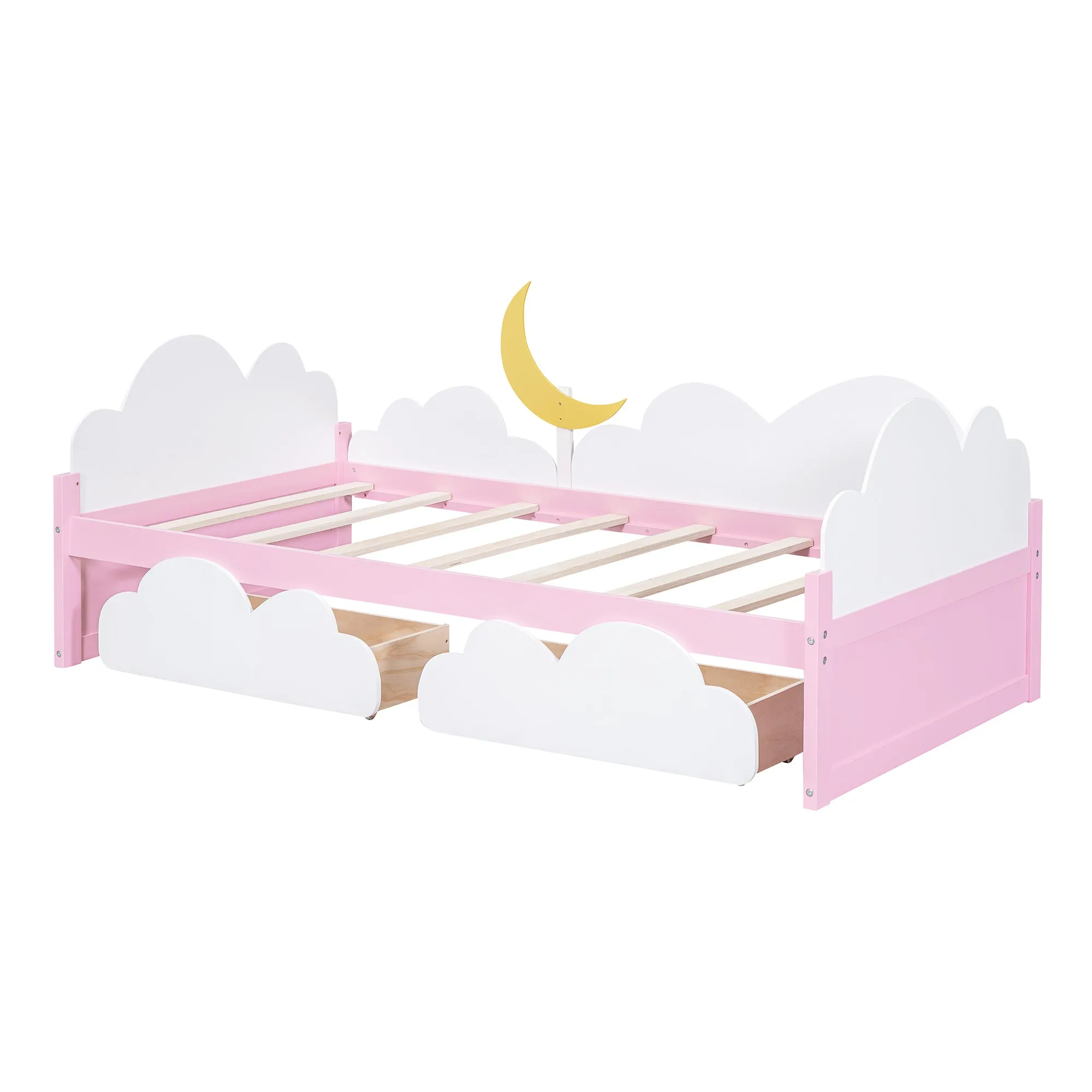 Twin Size Bed with Moon Decor, Platform Bed with 2 Drawers (White Pink)