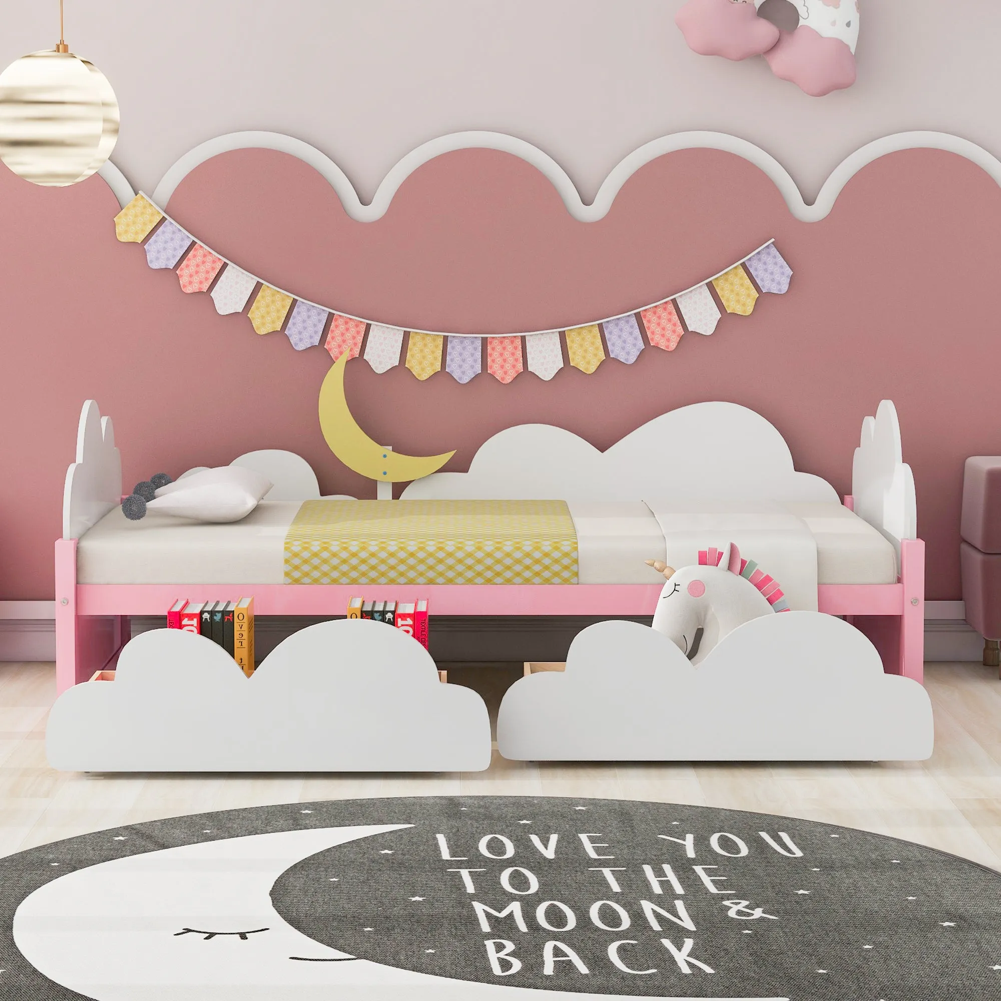 Twin Size Bed with Moon Decor, Platform Bed with 2 Drawers (White Pink)