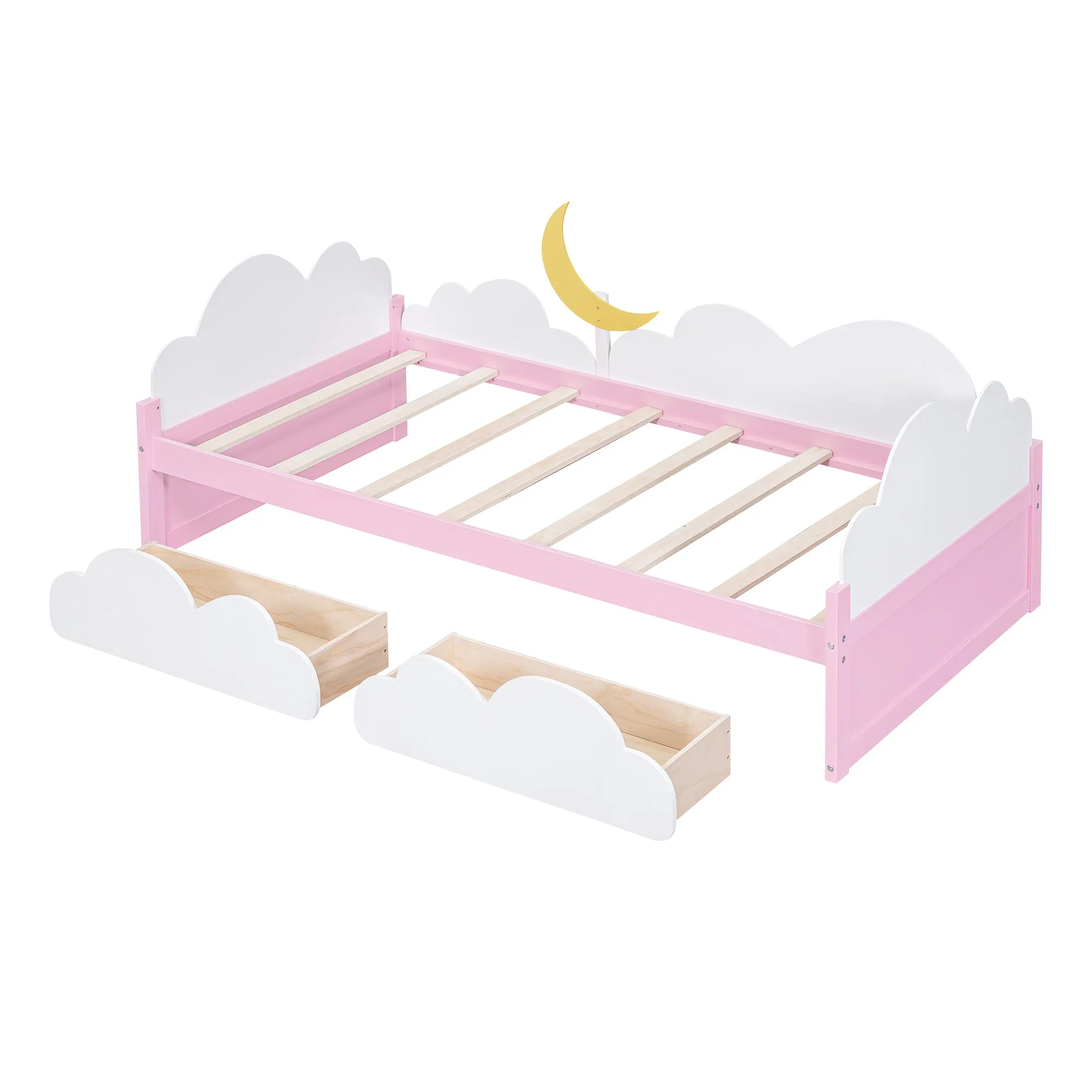 Twin Size Bed with Moon Decor, Platform Bed with 2 Drawers (White Pink)