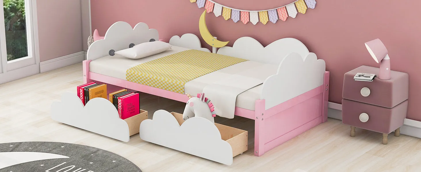 Twin Size Bed with Moon Decor, Platform Bed with 2 Drawers (White Pink)