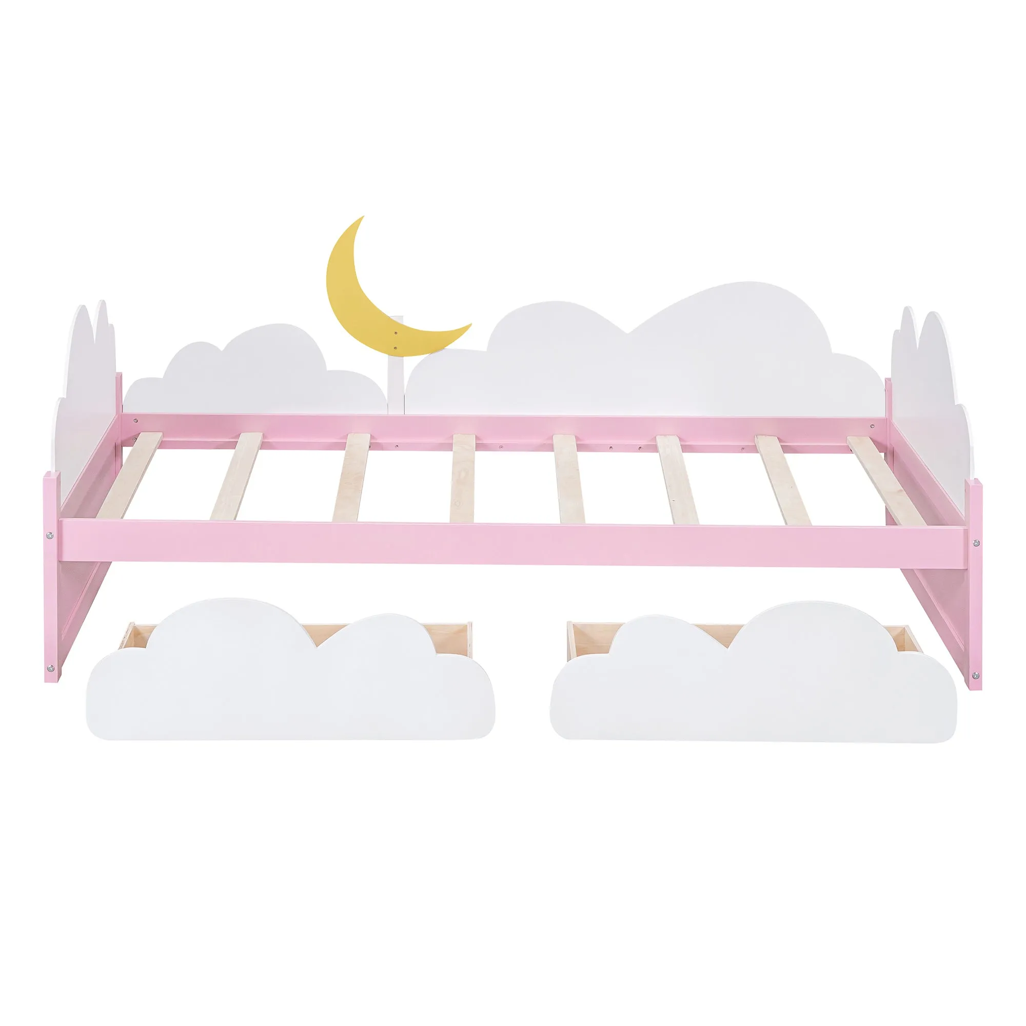 Twin Size Bed with Moon Decor, Platform Bed with 2 Drawers (White Pink)