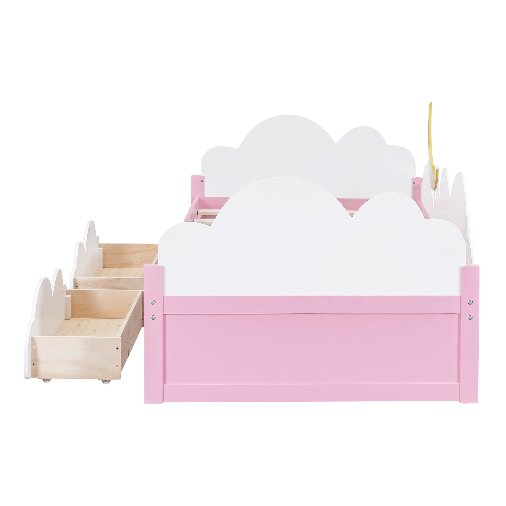 Twin Size Bed with Moon Decor, Platform Bed with 2 Drawers (White Pink)