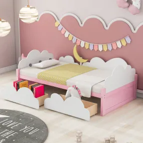 Twin Size Bed with Moon Decor, Platform Bed with 2 Drawers (White Pink)