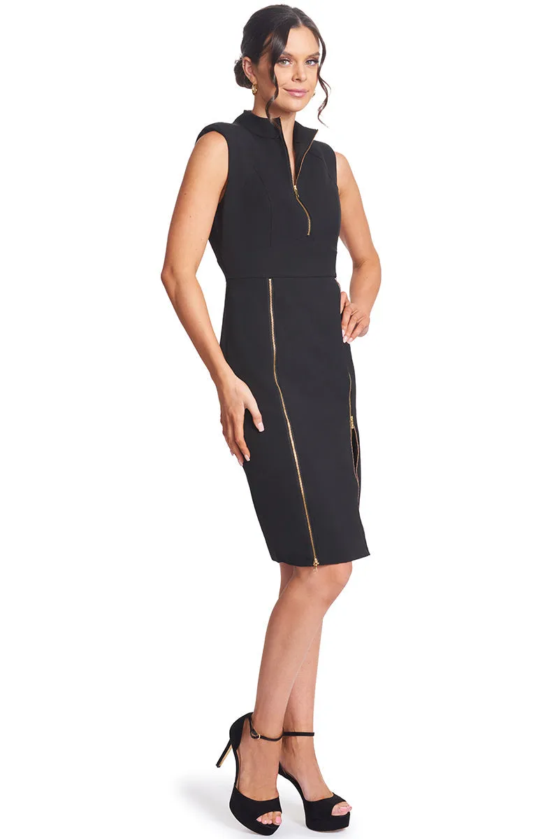 Versatile Zip-Up Midi Dress with Gold Accents