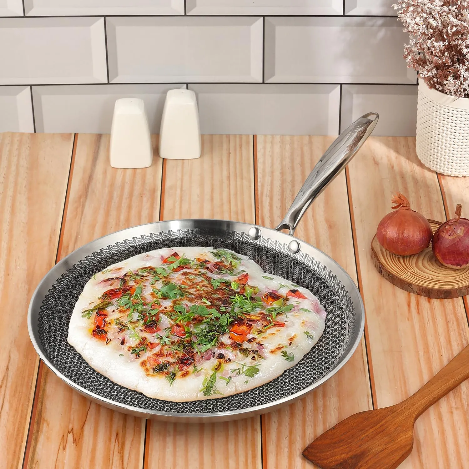 Vinod SAS Pro Platinum Triply Stainless Steel Dosa Tawa - 28 cm | 4.0 mm Thick | Hexa Design | Metal Spoon Friendly | Riveted Handle | Induction Base - 5 Year Warranty