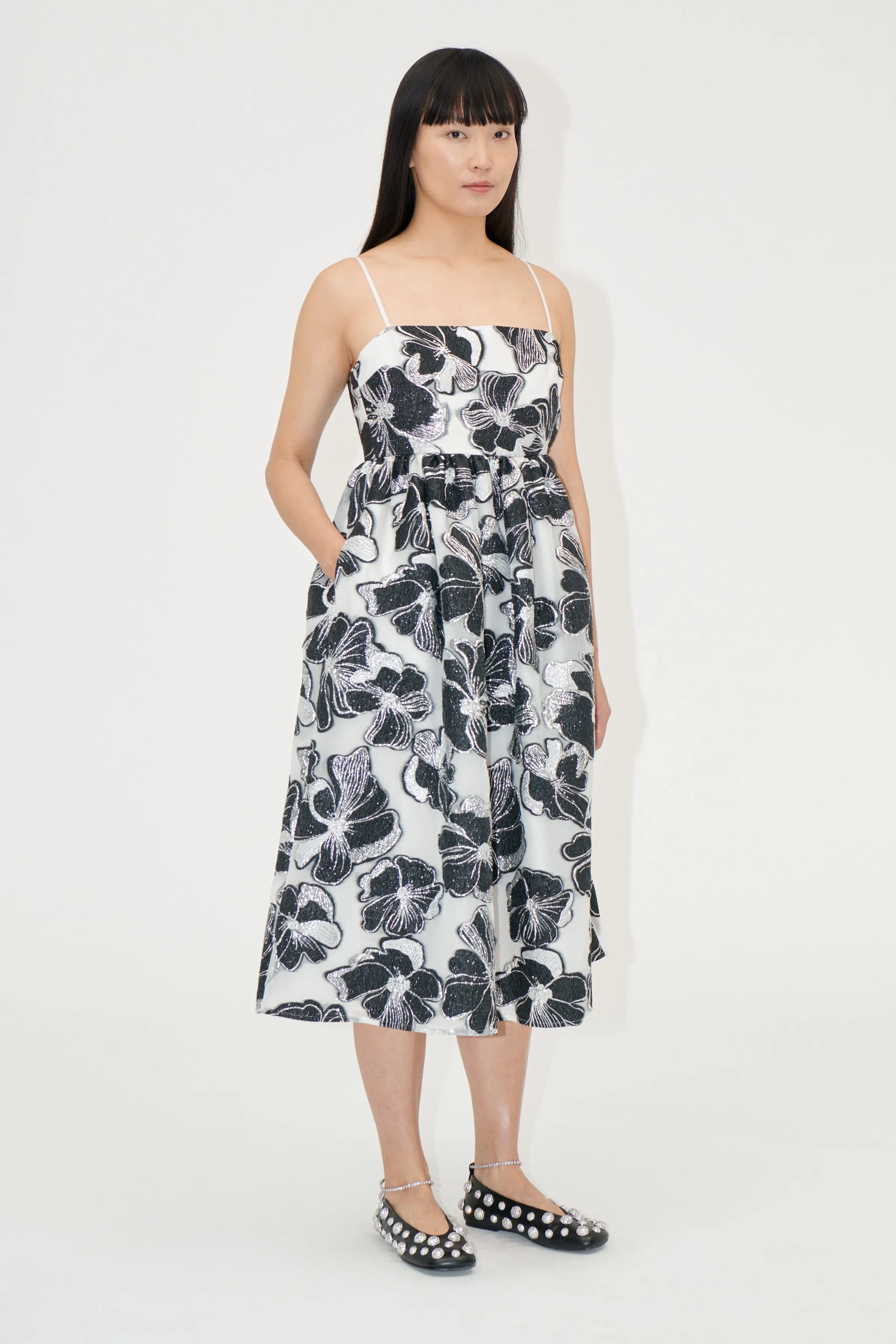 Voluminous Gathered Midi Dress - Anemone Jacquard