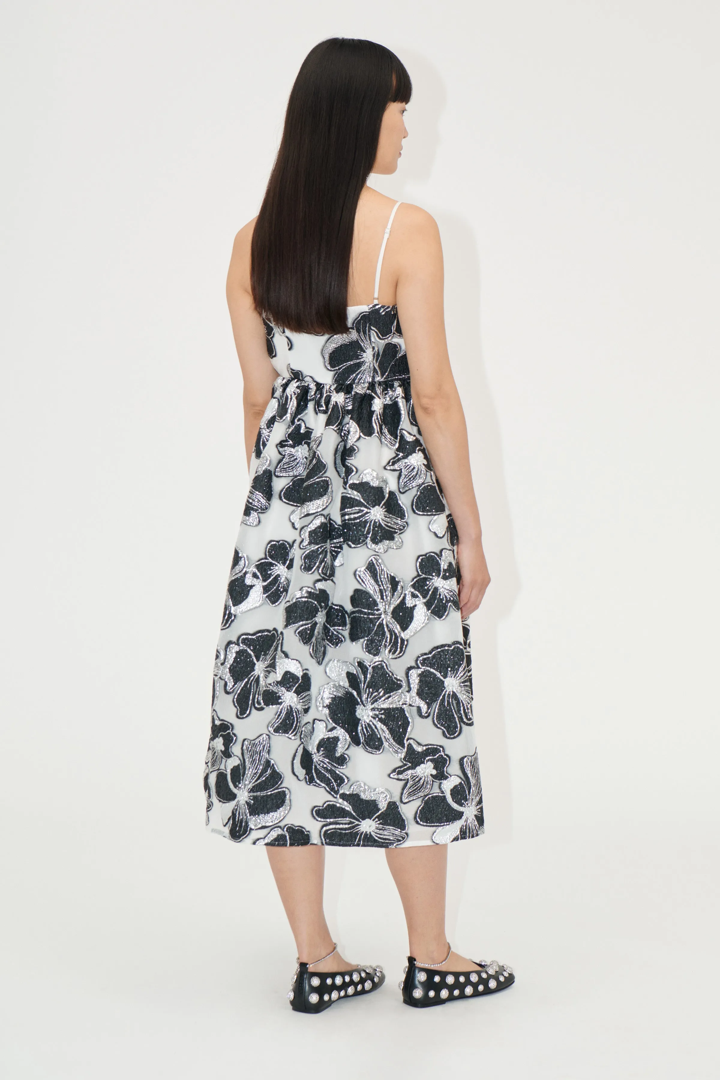 Voluminous Gathered Midi Dress - Anemone Jacquard