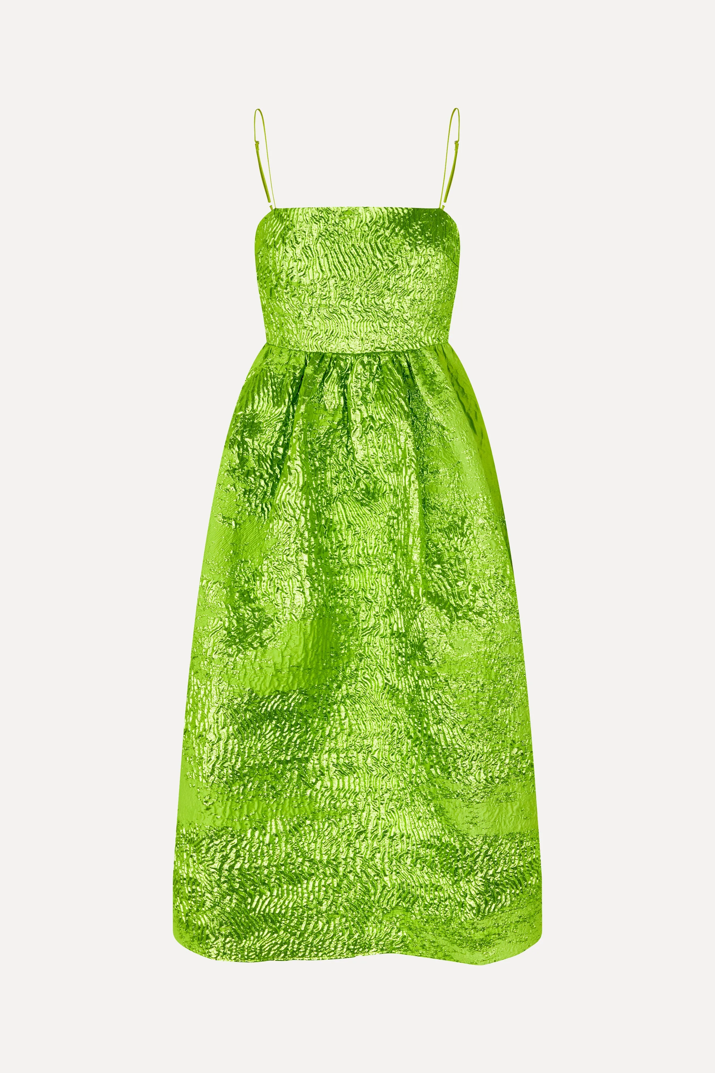 Voluminous Gathered Midi Dress - Green impressionist hue