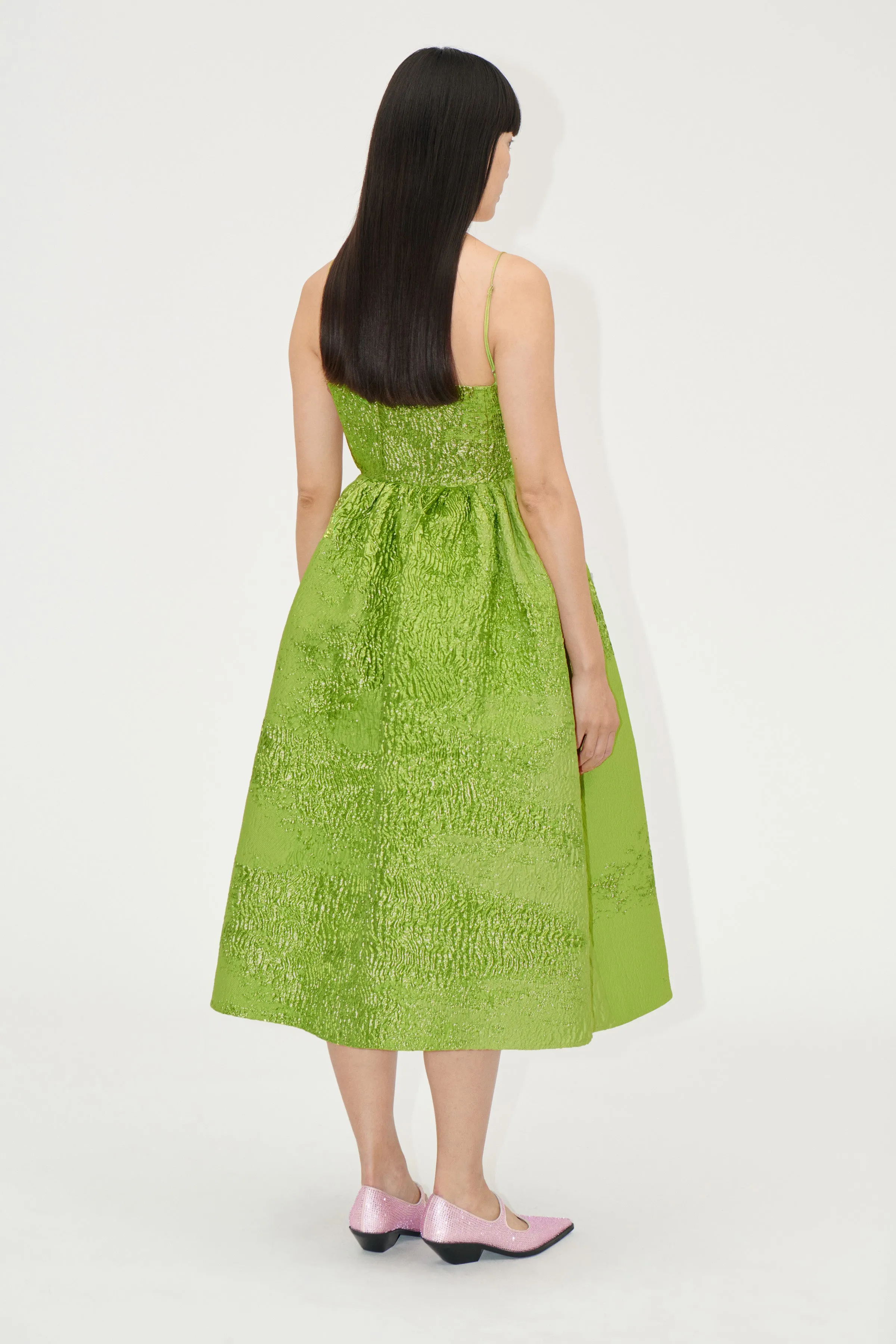 Voluminous Gathered Midi Dress - Green impressionist hue