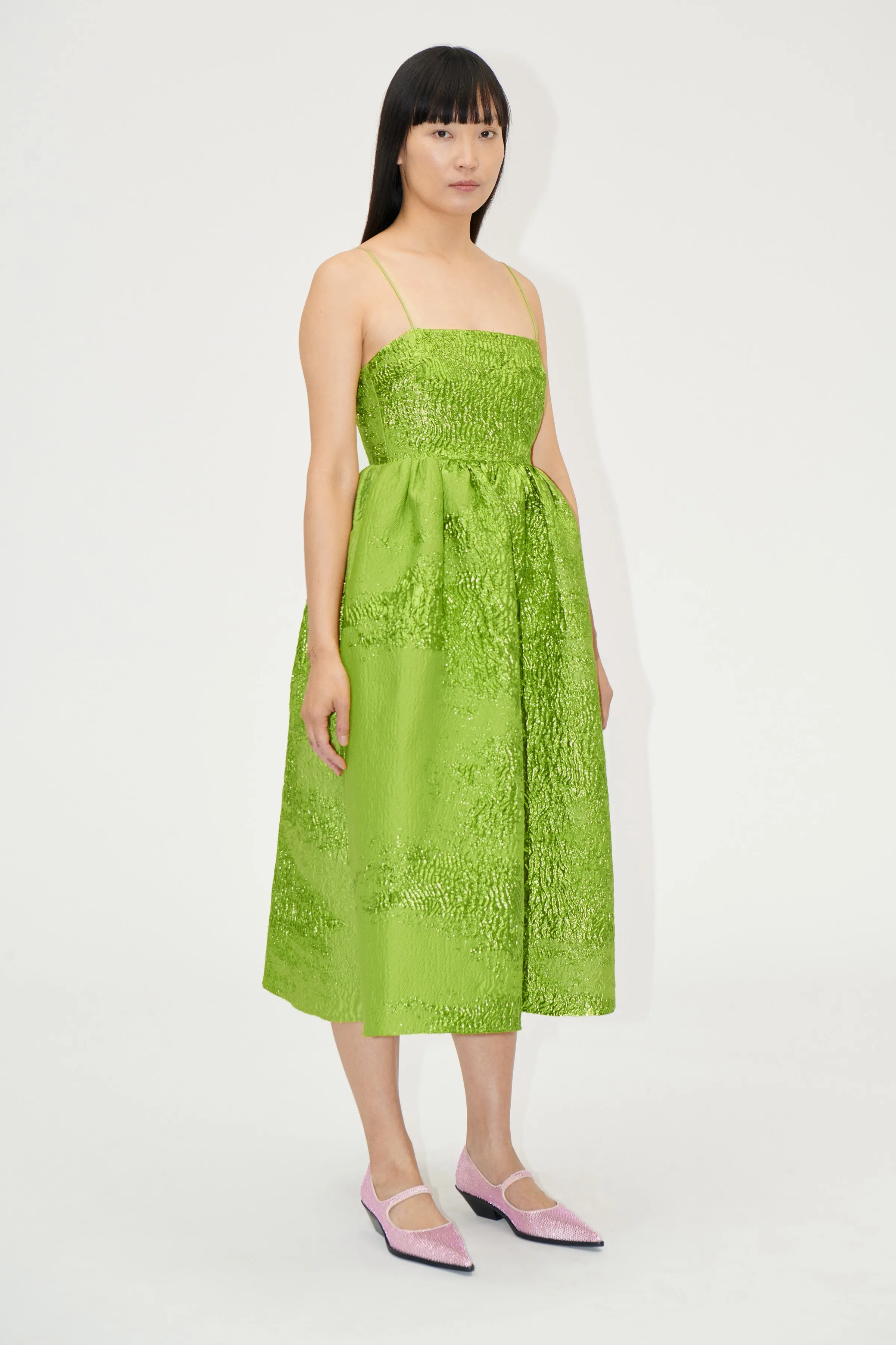 Voluminous Gathered Midi Dress - Green impressionist hue