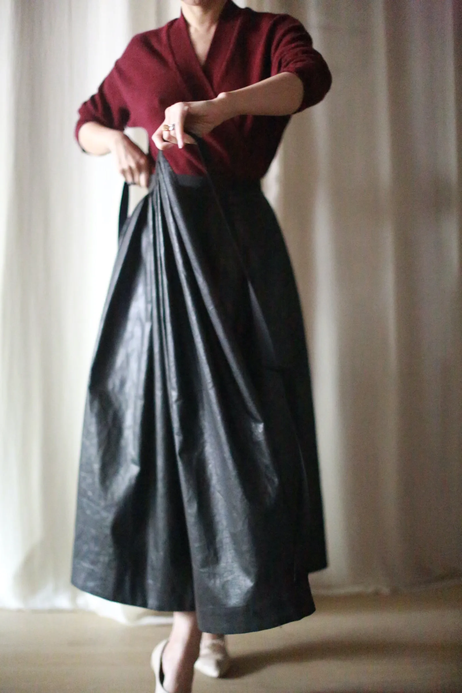 Waxed Linen Pleated Wrap Skirt