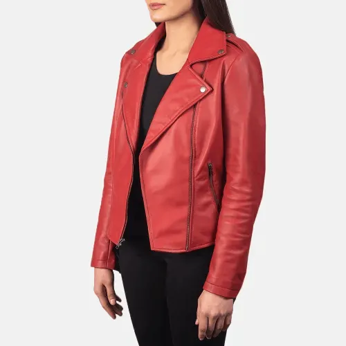 Womens Red Leather Flashback Biker Jacket