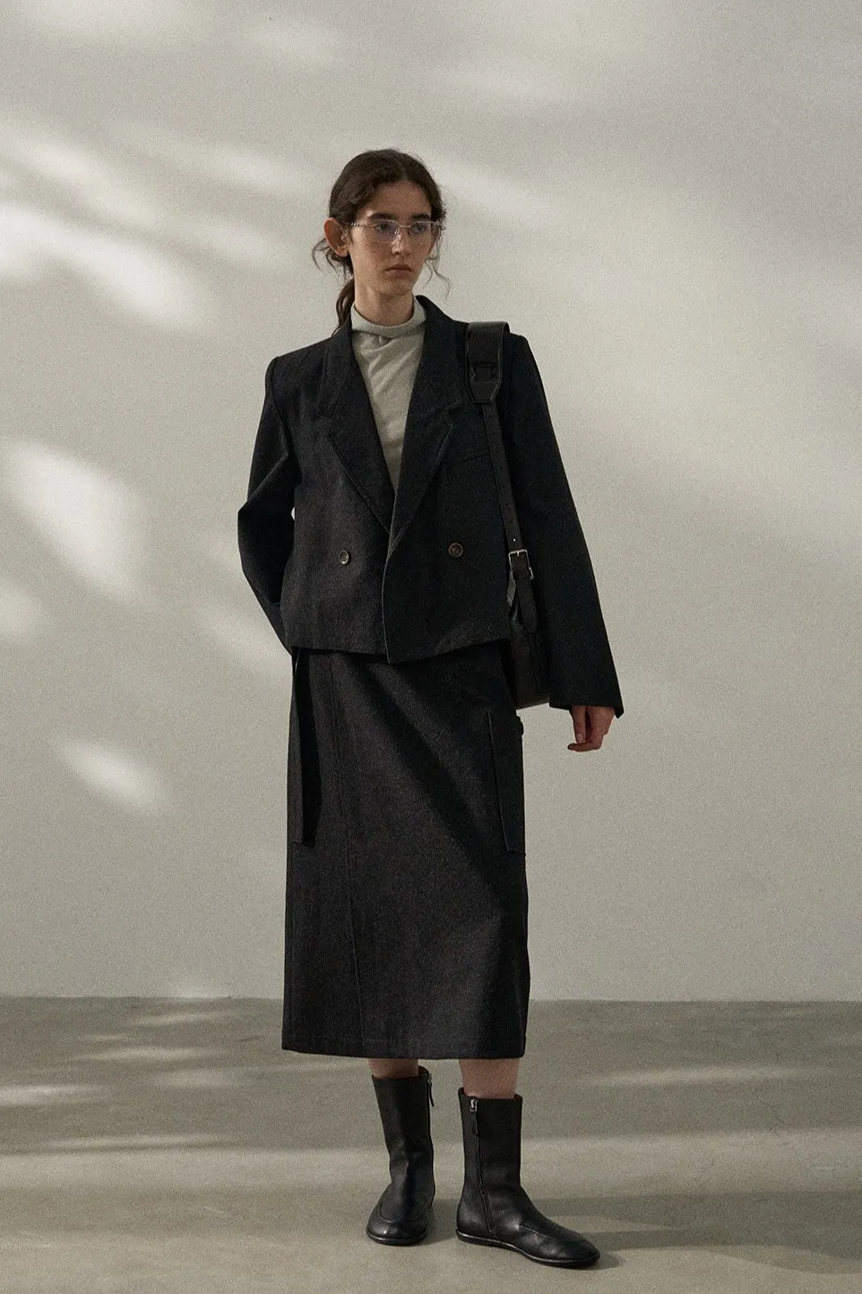 Wool blend mid-length skirt with a belt | 3 color