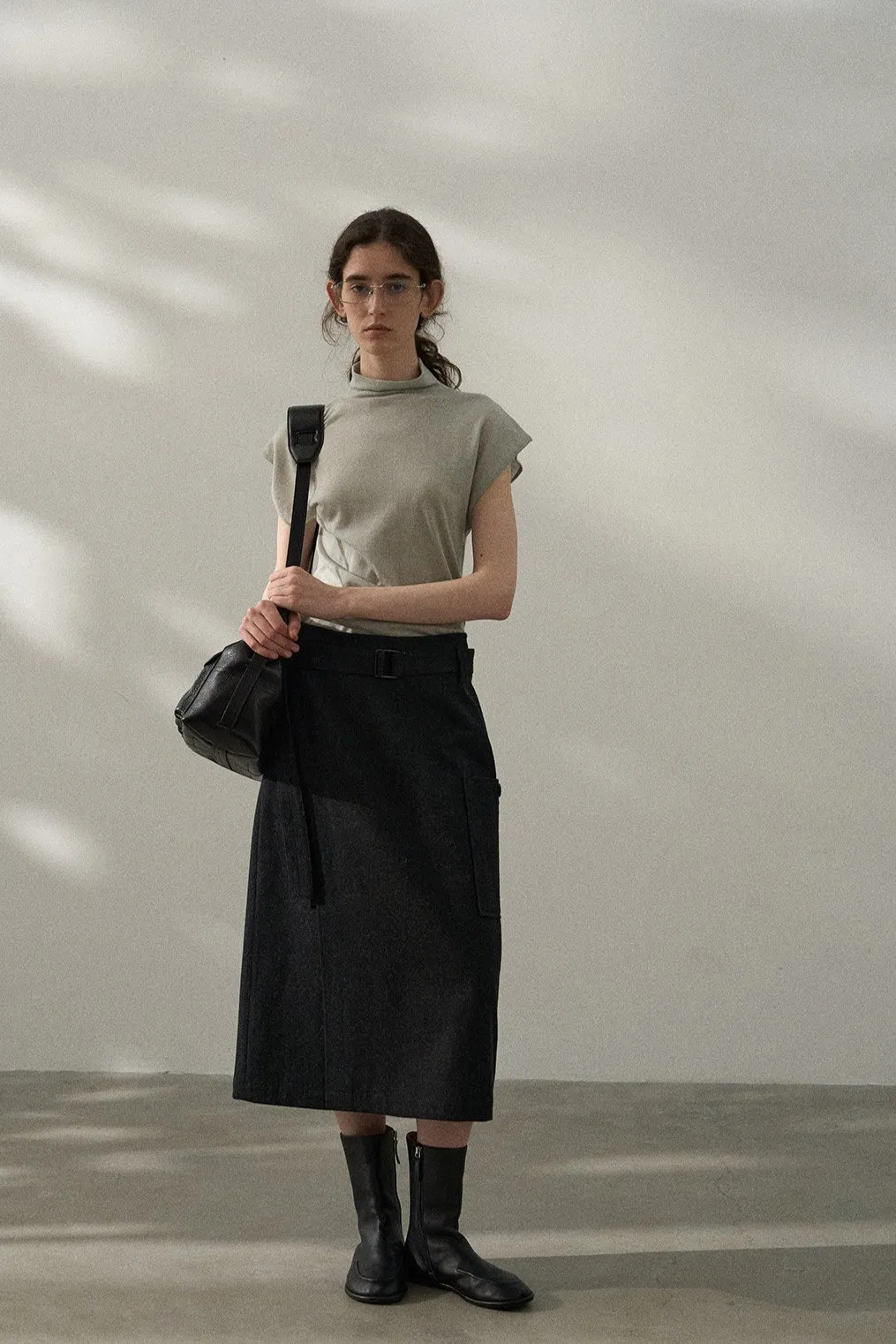 Wool blend mid-length skirt with a belt | 3 color