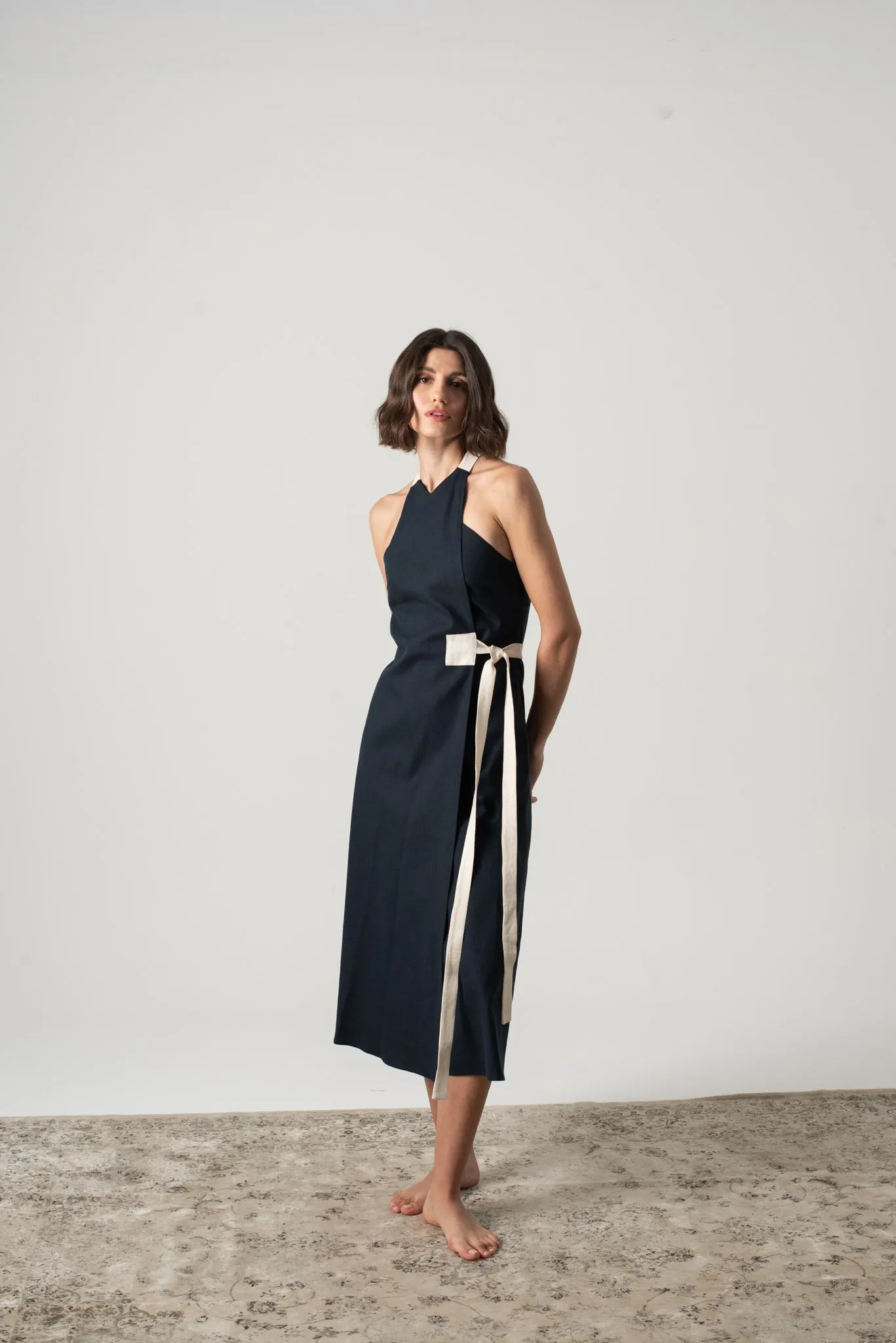 Zulu Linen Wrap Dress in Navy